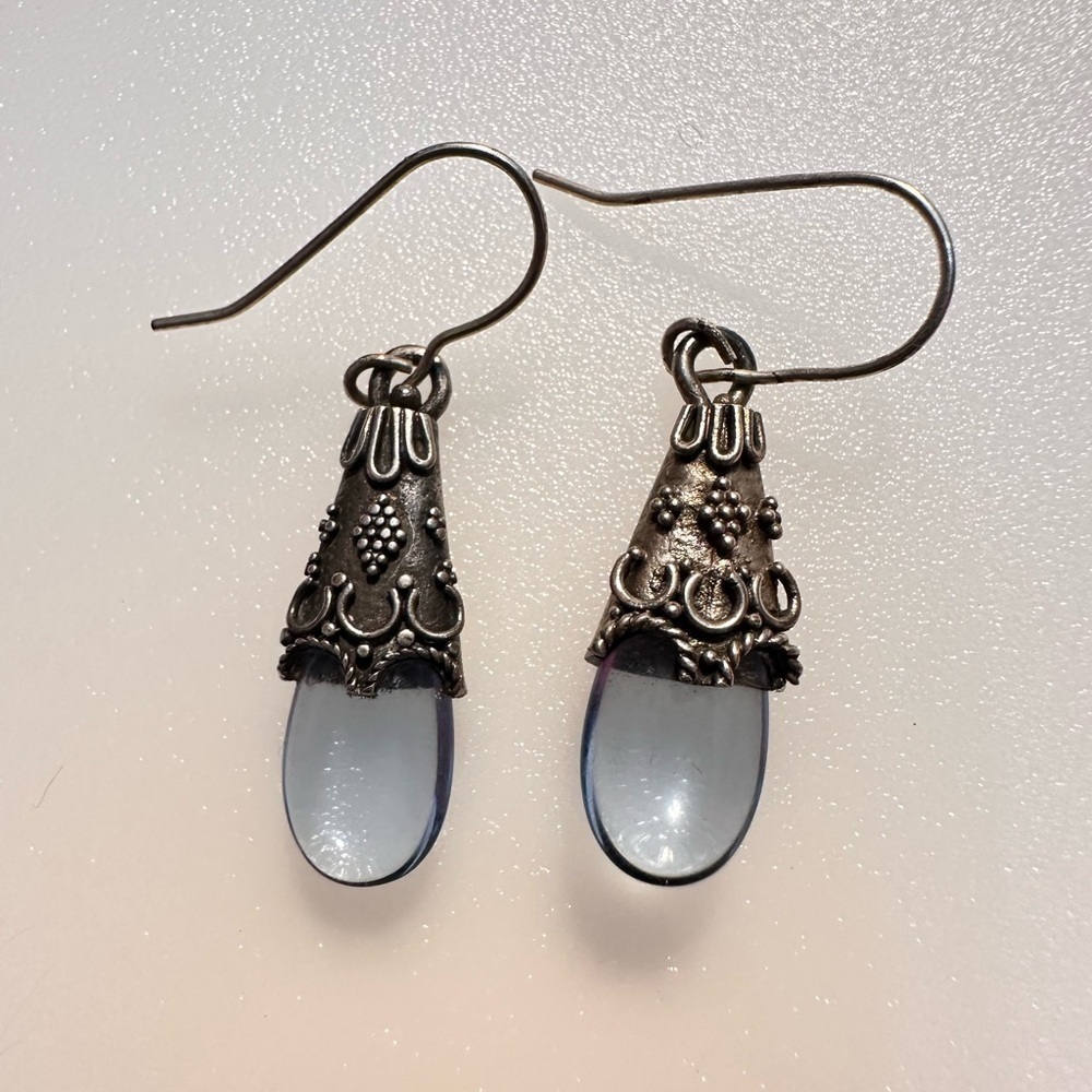 Sterling Silver Hook Dangle Earrings Blue Glass Teardrop Stone 1971 L - Picture 2 of 11